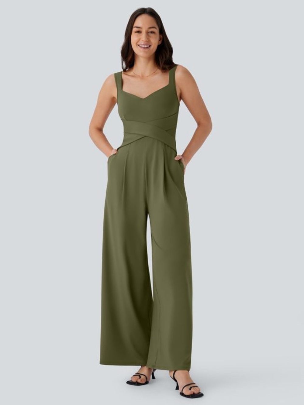 NWT Halara U Back Sleeveless Casual Jumpsuit with Pockets Capulet Olive Green M